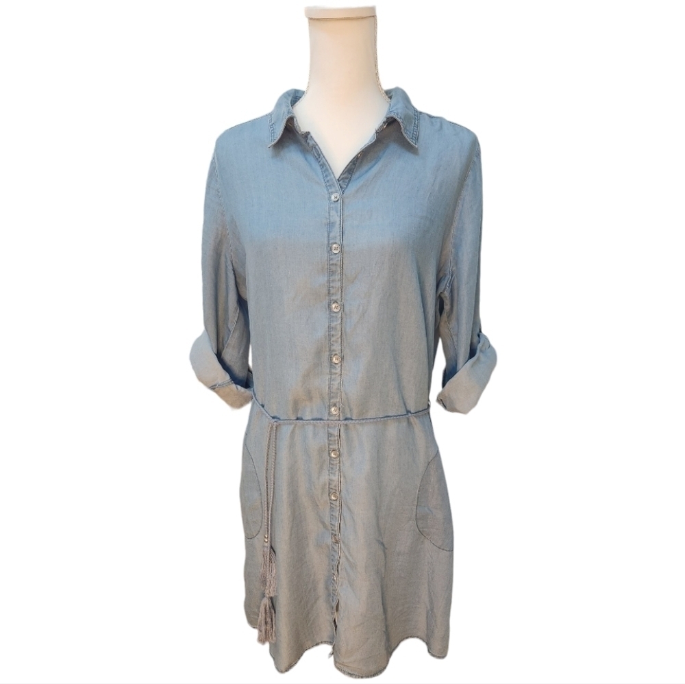 FDJ French Dressing Jeans Denim Look Blue Button Down Shirt Dress, Size 10
